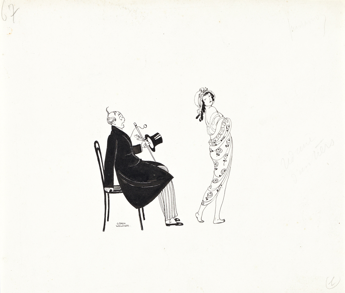 GERDA WEGENER (1886-1940) Two drawings of befuddled men with young women.